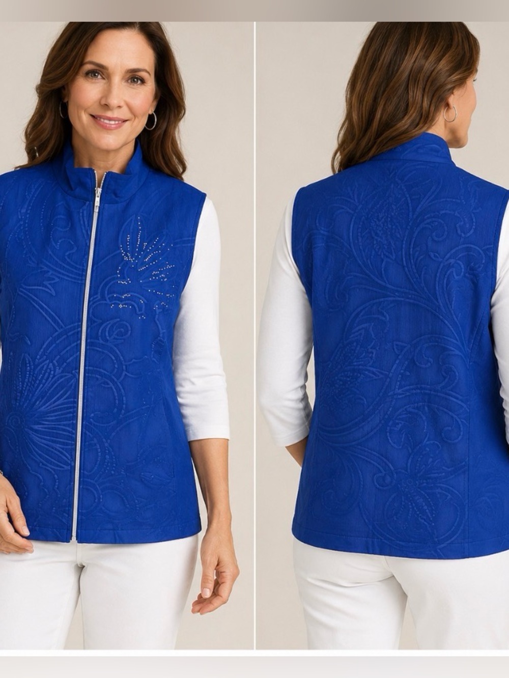 Chico's Zenergy Women's Blue Zip Pockets Unlined Vest Embellished Size 1, M NEW